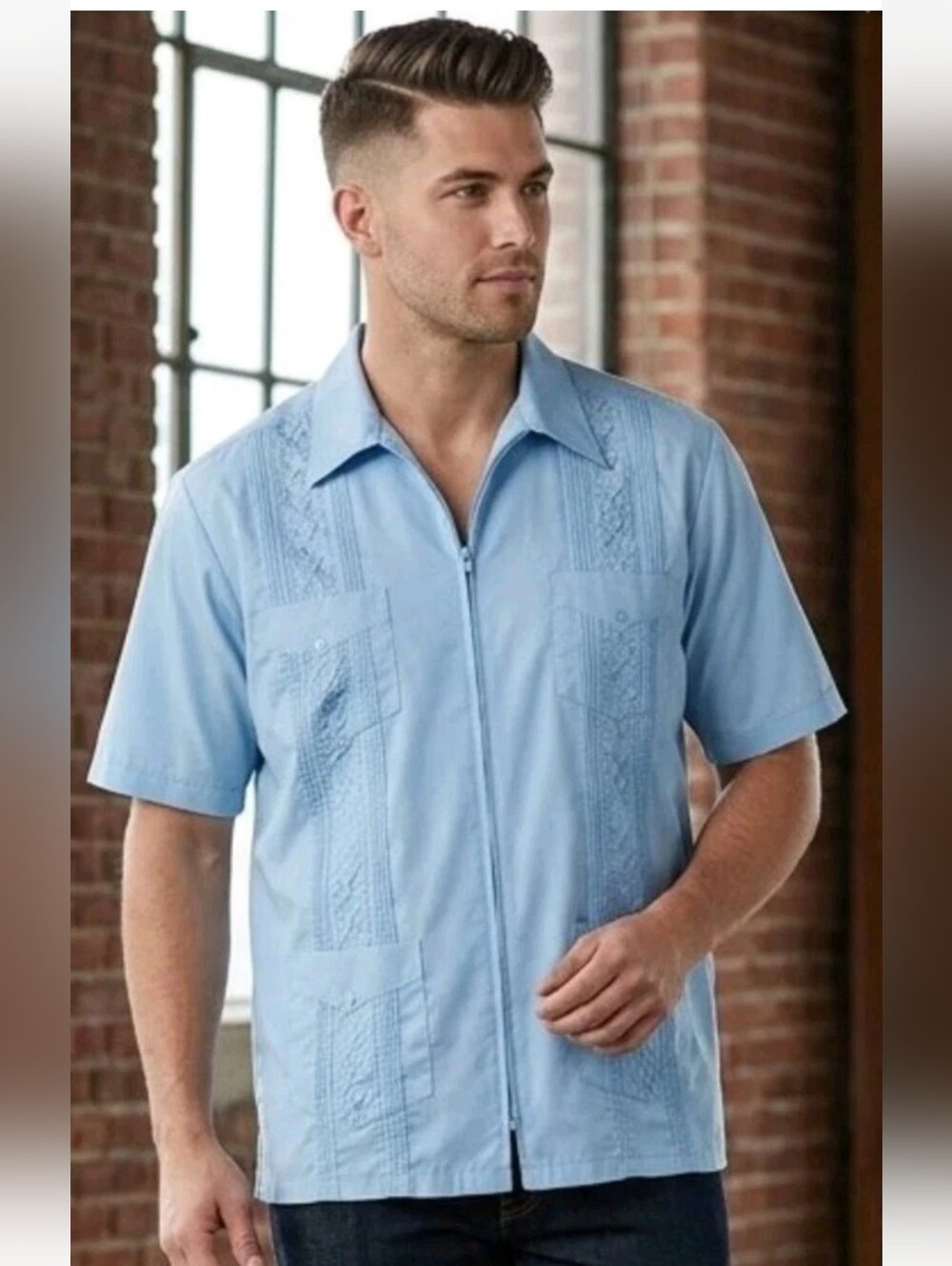 Vintage Genuine Haband Guayabera Shirt Blue 4 Pocket Short Sleeve Cuban Zip XL